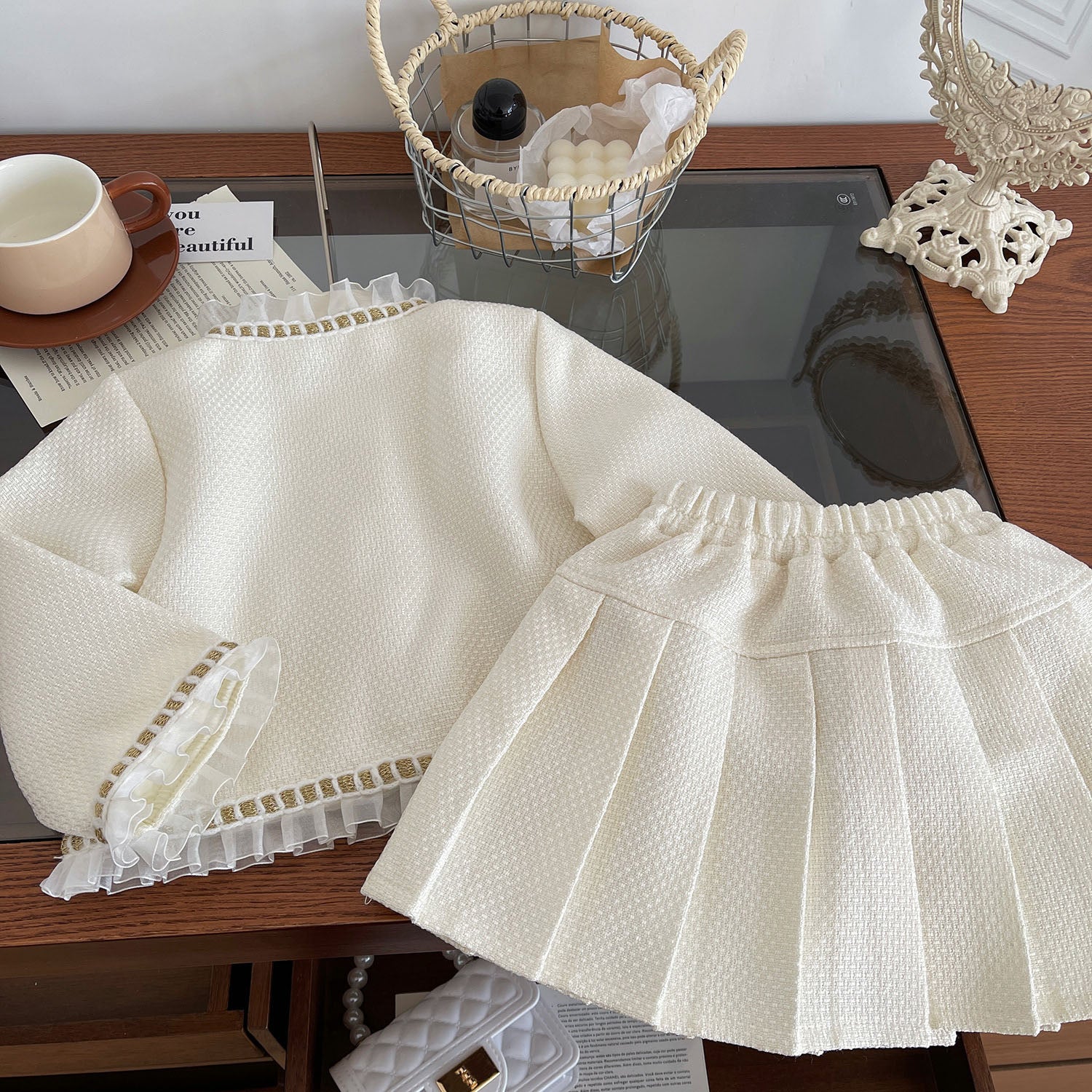 [963138] - One Set 2in1 Baju Setelan Atasan Lengan Panjang Bawahan Rok Pendek Plisket Korean Version Style Anak Perempuan Cewek - Motif Top Ruffled - BABYHOKI STORE - BABYHOKI STORE