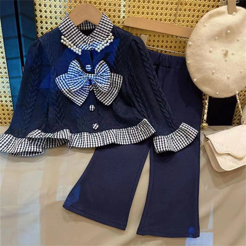 [963140] - One Set 2in1 Baju Setelan Atasan Blouse Lengan Panjang Bawahan Celana Panjang Korean Version Style Anak Perempuan Cewek - Motif Bow Tie Plaid - BABYHOKI STORE - BABYHOKI STORE