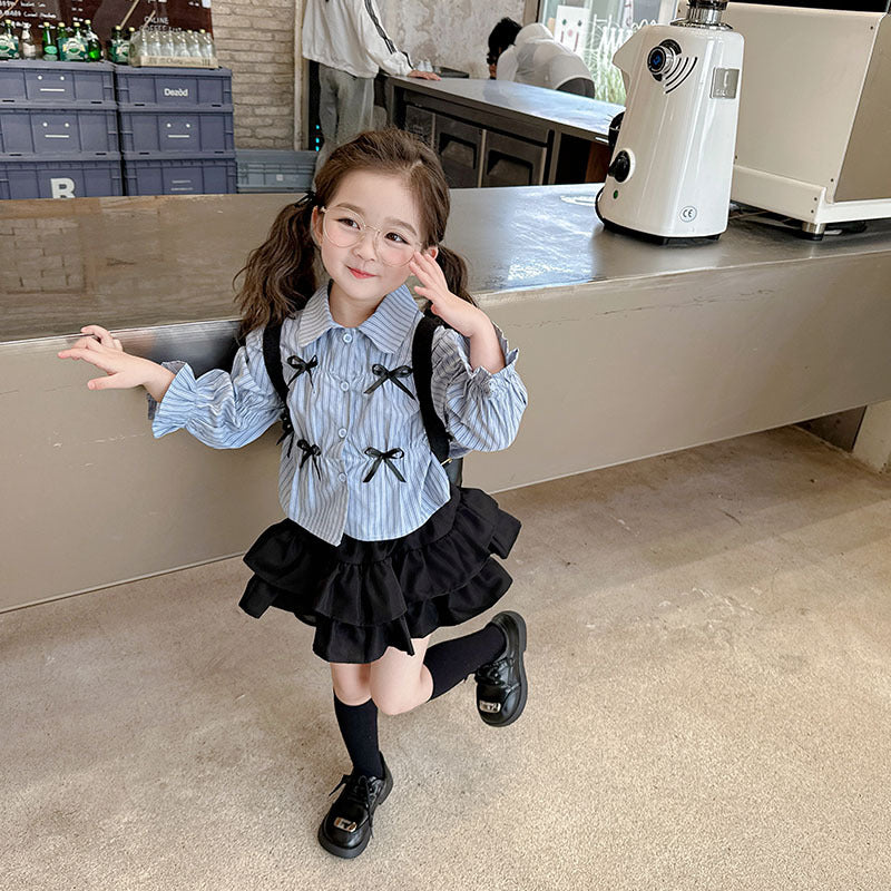 [963141] - One Set 2in1 Baju Setelan Atasan Blouse Lengan Panjang Bawahan Rok Pendek Korean Version Style Anak Perempuan Cewek - Motif Small Ribbon - BABYHOKI STORE