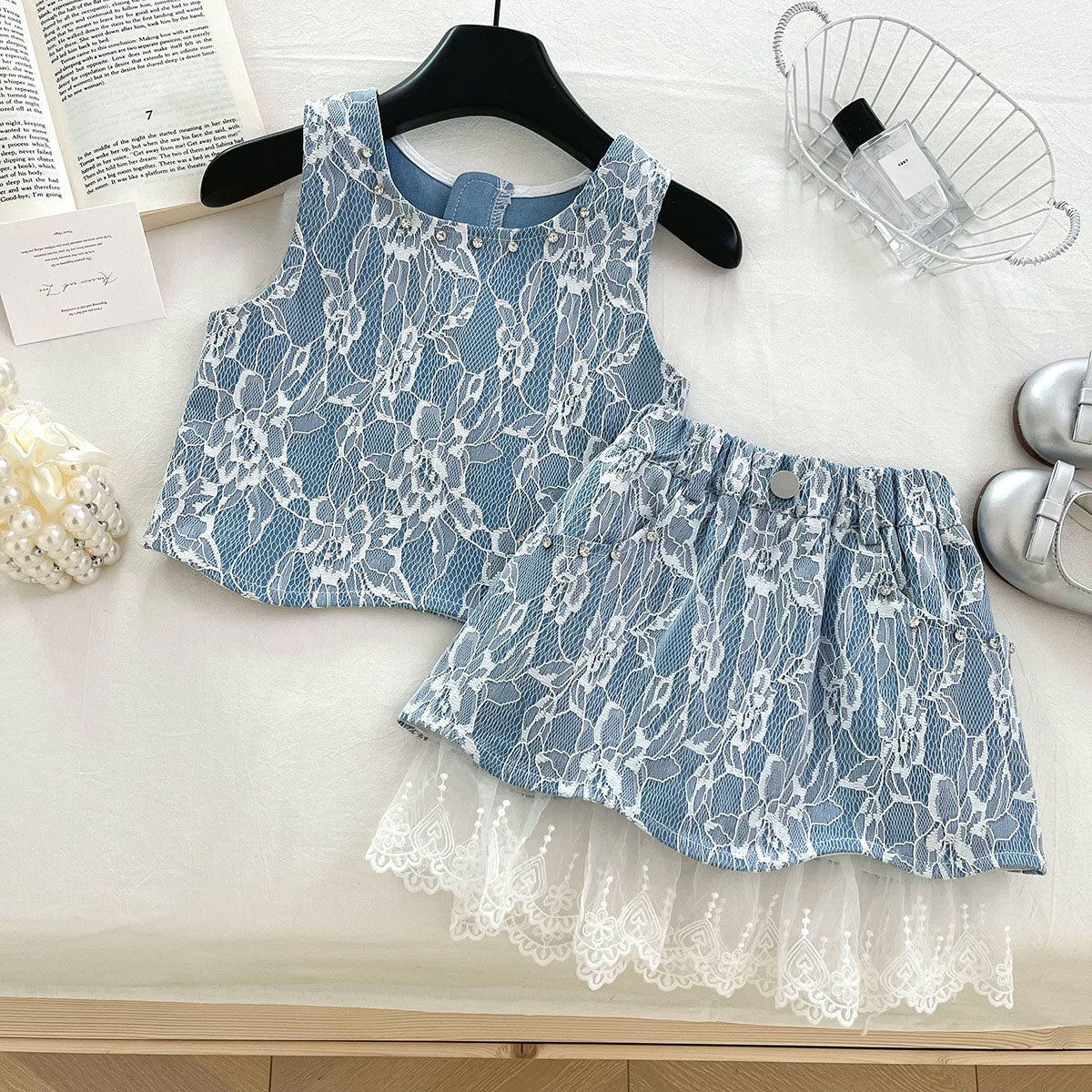 [963143] - One Set 2in1 Baju Setelan Atasan Lengan Kutung Bawahan  Rok Pendek Korean Version Syle Anak Perempuan Cewek - Motif Denim Lace - BABYHOKI STORE