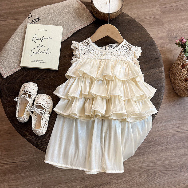 [963144] - One Set 2in1 Baju Setelan Atasan Blouse Lengan Kutung Ruffled Bawahan Celana Panjang Korean Version Style Anak Perempuan Cewek - Motif Layered Lace Top - BABYHOKI STORE - BABYHOKI STORE