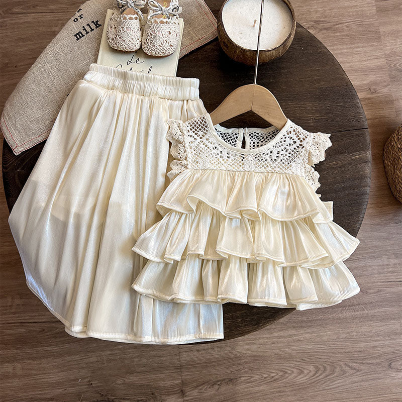 [963144] - One Set 2in1 Baju Setelan Atasan Blouse Lengan Kutung Ruffled Bawahan Celana Panjang Korean Version Style Anak Perempuan Cewek - Motif Layered Lace Top - BABYHOKI STORE - BABYHOKI STORE