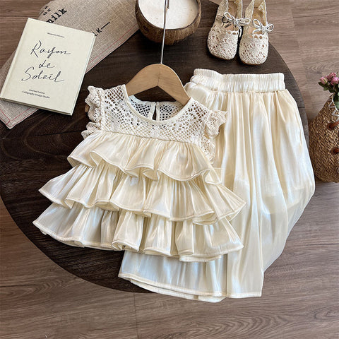 [963144] - One Set 2in1 Baju Setelan Atasan Blouse Lengan Kutung Ruffled Bawahan Celana Panjang Korean Version Style Anak Perempuan Cewek - Motif Layered Lace Top - BABYHOKI STORE - BABYHOKI STORE
