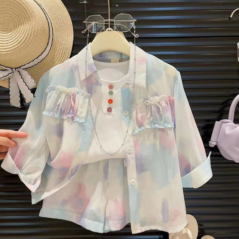 [963146] - One Set 3in1 Baju Setelan Outer Kemeja Lengan Panjang Baawahan Celana Pendek Korean Version Style Anak Perempuan Cewek - Motif Gradient Color-Blocked - BABYHOKI STORE - BABYHOKI STORE
