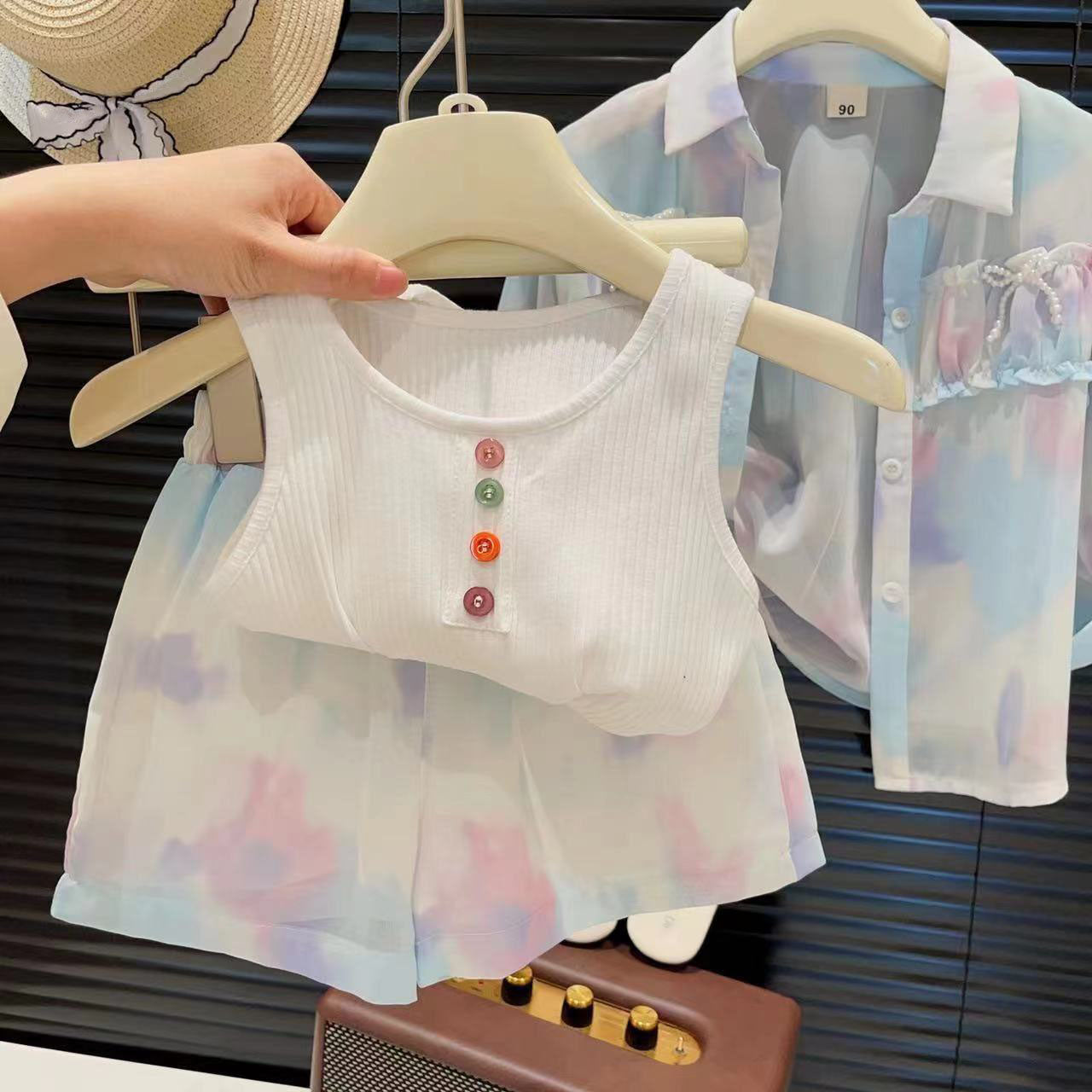 [963146] - One Set 3in1 Baju Setelan Outer Kemeja Lengan Panjang Baawahan Celana Pendek Korean Version Style Anak Perempuan Cewek - Motif Gradient Color-Blocked - BABYHOKI STORE - BABYHOKI STORE