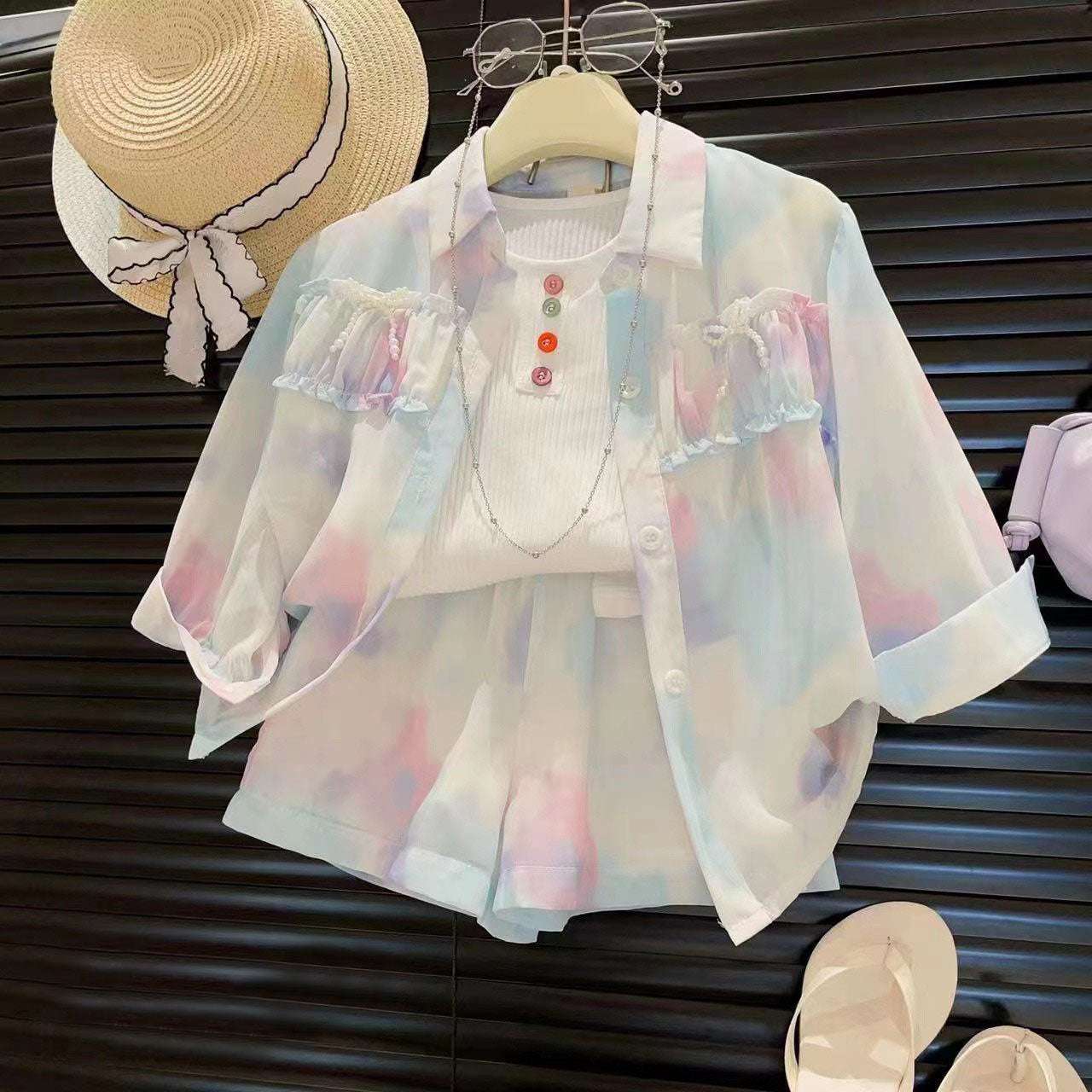 [963146] - One Set 3in1 Baju Setelan Outer Kemeja Lengan Panjang Baawahan Celana Pendek Korean Version Style Anak Perempuan Cewek - Motif Gradient Color-Blocked - BABYHOKI STORE - BABYHOKI STORE