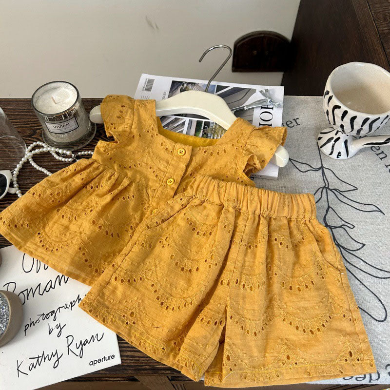 [963148] - One Set 2in1 Baju Setelan Atasan Blouse Lengan Kutung Bawahan Celana Pendek Korean Version Style Anak Perempuan Cewek - Motif Katbol Lace - BABYHOKI STORE - BABYHOKI STORE