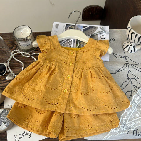 [963148] - One Set 2in1 Baju Setelan Atasan Blouse Lengan Kutung Bawahan Celana Pendek Korean Version Style Anak Perempuan Cewek - Motif Katbol Lace - BABYHOKI STORE - BABYHOKI STORE