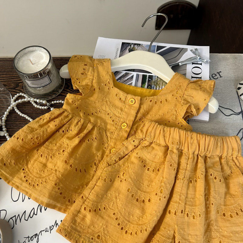 [963148] - One Set 2in1 Baju Setelan Atasan Blouse Lengan Kutung Bawahan Celana Pendek Korean Version Style Anak Perempuan Cewek - Motif Katbol Lace - BABYHOKI STORE - BABYHOKI STORE