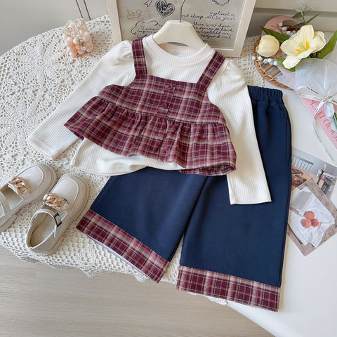 [963151] - One Set 3in1 Baju Setelan Atasan Lengan Panjang Vest Kutung Plaid Bawahan Celana Panjang Kulot British Version Style Anak Perempuan Cewek - Motif Plaid Sweet - BABYHOKI STORE - BABYHOKI STORE