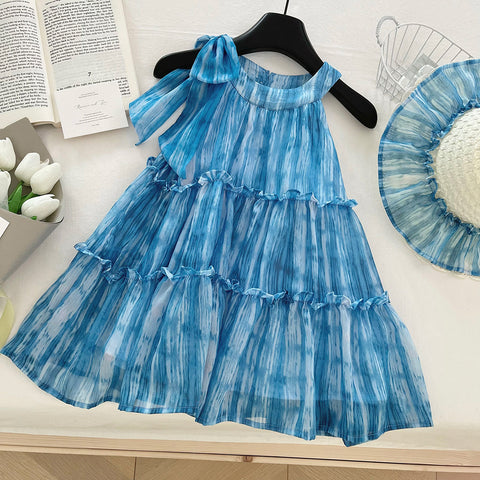 [963152] - Baju Gaun Dress Ruffled Lengan Kutung Anak Perempuan Cewek - Motif Blue Striped - BABYHOKI STORE - BABYHOKI STORE