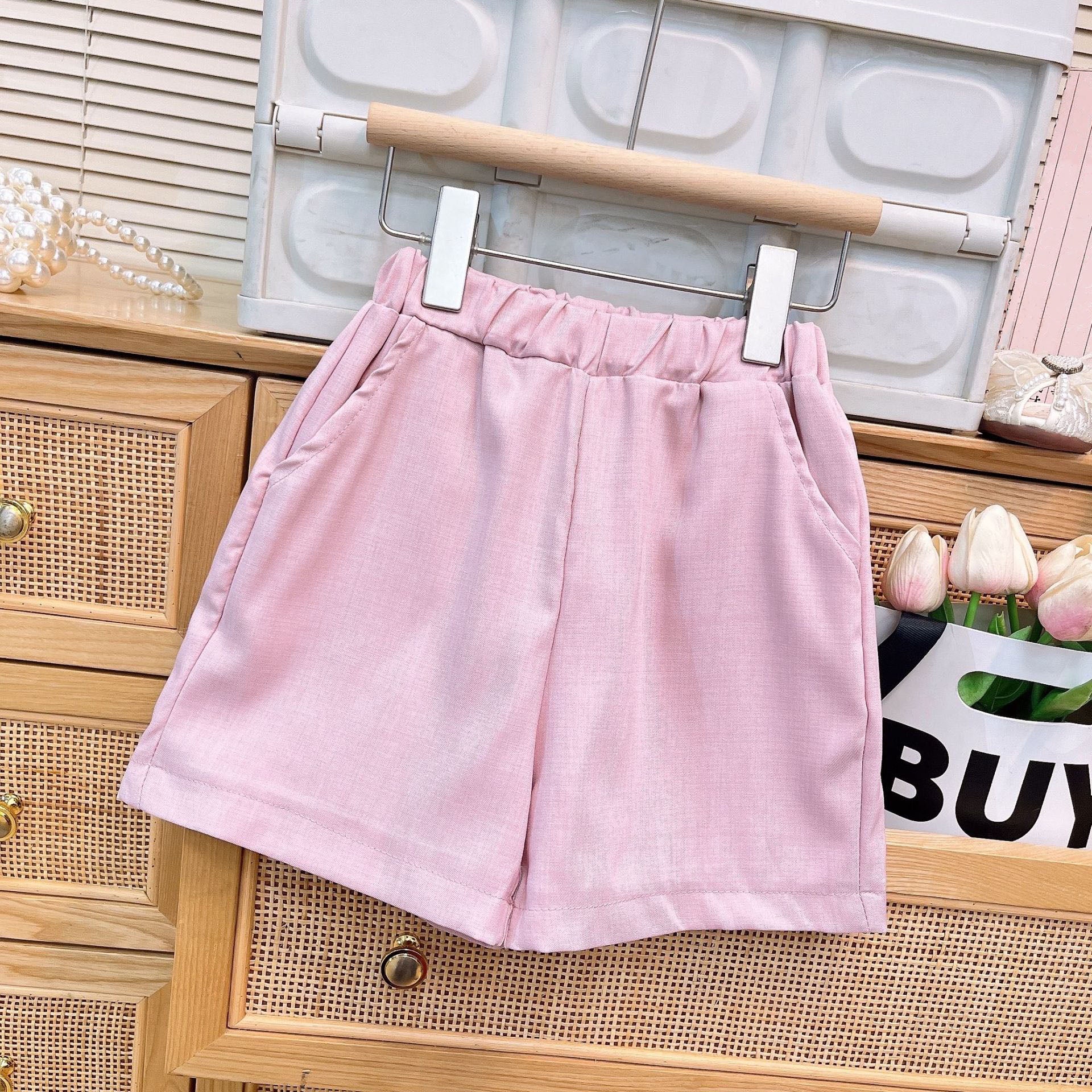 [963156] - One Set 2in1 Baju Setelan Atasan Lengan Pendek Bawahan Celana Pendek Korean Version Style Anak Perempuan Cewek - Motif Pink Solid Color - BABYHOKI STORE - BABYHOKI STORE