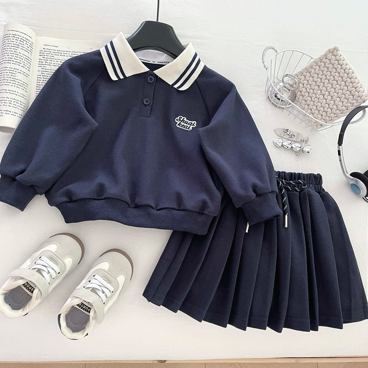 [963159] - One Set 2in1 Baju Setelan Sweater Kerah Lengan Panjang Bawahan Rok Celana Pendek Korean Sporty Style Anak Perempuan Cewek - Motif Basic Solid Color - BABYHOKI STORE