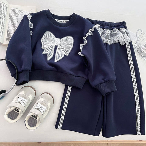[963160] - One Set 2in1 Baju Setelan Atasan Sweater Lengan Panjang Bawahan Celana Panjang Kulot Korean Version Style Anak Perempuan Cewek - Motif Cute Lace Bow - BABYHOKI STORE - BABYHOKI STORE