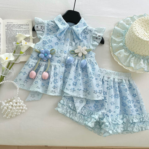 [963161] - One Set 2in1 Baju Setelan Atasan Blouse Lengan Kutung Bawahan Celana Pendek Korean Version Style Anak Perempuan Cewek - Motif Flower - BABYHOKI STORE - BABYHOKI STORE