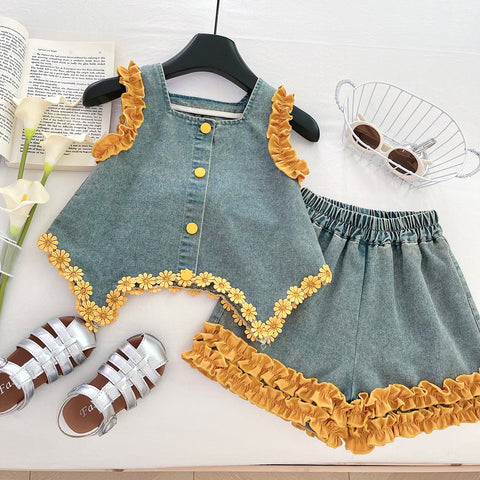 [963162] - One Set 2in1 Baju Setelan Atasan Lengan Kutung Bawahan Celana Pendek Korean Version Style  Anak Perempuan Cewek - Motif Bow Yellow Flower  - BABYHOKI STORE - BABYHOKI STORE