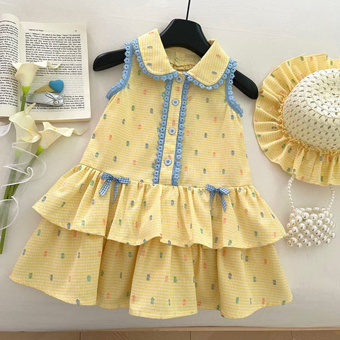 [963164] - Baju Gaun Dress Lengan Kutung Korean Version Style Anak Perempuan Cewek - Motif Yellow Dot Plaid - BABYHOKI STORE - BABYHOKI STORE