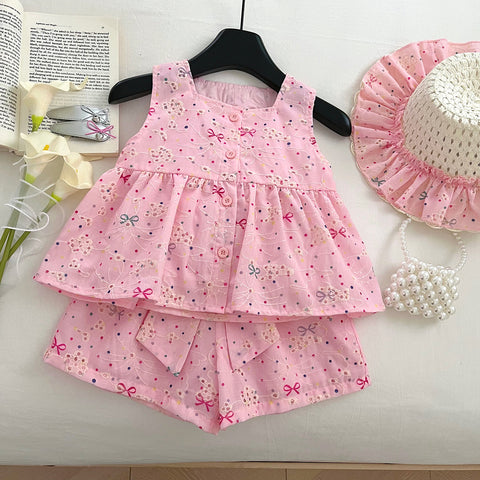 [963165] - One Set 2in1 Baju Setelan Atasan Lengan Kutung Bawahan Celana Pendek Korean Style Anak Perempuan Cewek - Motif Little Bow - BABYHOKI STORE - BABYHOKI STORE