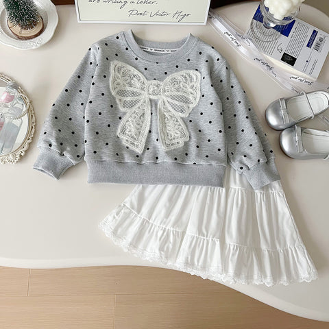 [963167] - One Set 2in1 Baju Setelan Atasan Sweater Lengan Panjang Bawahan Celana Rok Pendek Korea Fashion Style Anak Perempuan Cewek - Motif Bow Polkadot - BABYHOKI STORE - BABYHOKI STORE