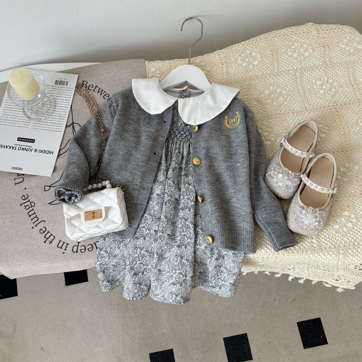 [963168] - One Set 2in1 Baju Setelan Dress Lengan Panjang Vest Cardigan Korean Fashion Style Anak Perempuan Cewek - Motif Gray Knitted - BABYHOKI STORE - BABYHOKI STORE