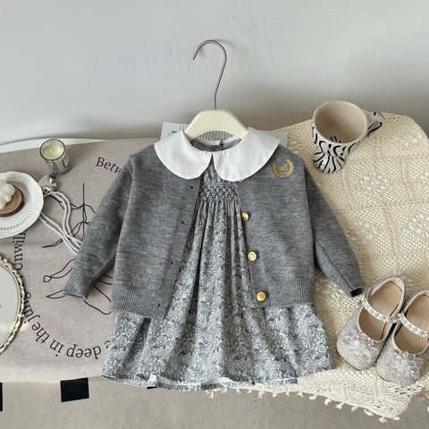 [963168] - One Set 2in1 Baju Setelan Dress Lengan Panjang Vest Cardigan Korean Fashion Style Anak Perempuan Cewek - Motif Gray Knitted - BABYHOKI STORE - BABYHOKI STORE