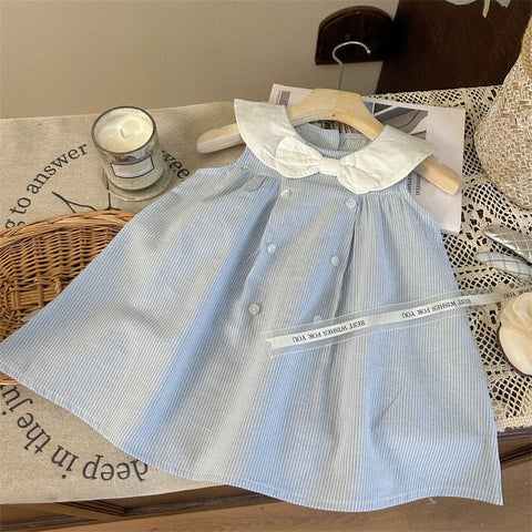 [963170] - Baju Gaun Dress Lengan Kutung Korean Fashion Style Anak Perempuan Cewek - Motif Bow With Striped Color  - BABYHOKI STORE - BABYHOKI STORE