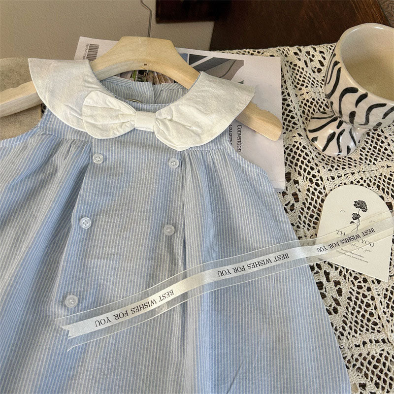 [963170] - Baju Gaun Dress Lengan Kutung Korean Fashion Style Anak Perempuan Cewek - Motif Bow With Striped Color  - BABYHOKI STORE - BABYHOKI STORE
