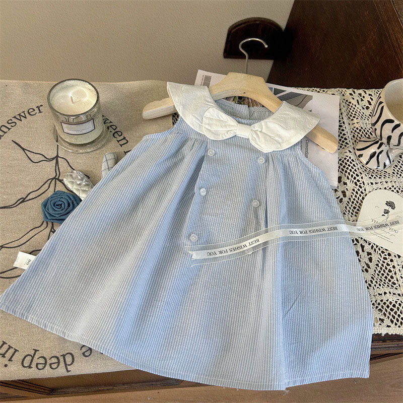 [963170] - Baju Gaun Dress Lengan Kutung Korean Fashion Style Anak Perempuan Cewek - Motif Bow With Striped Color  - BABYHOKI STORE - BABYHOKI STORE