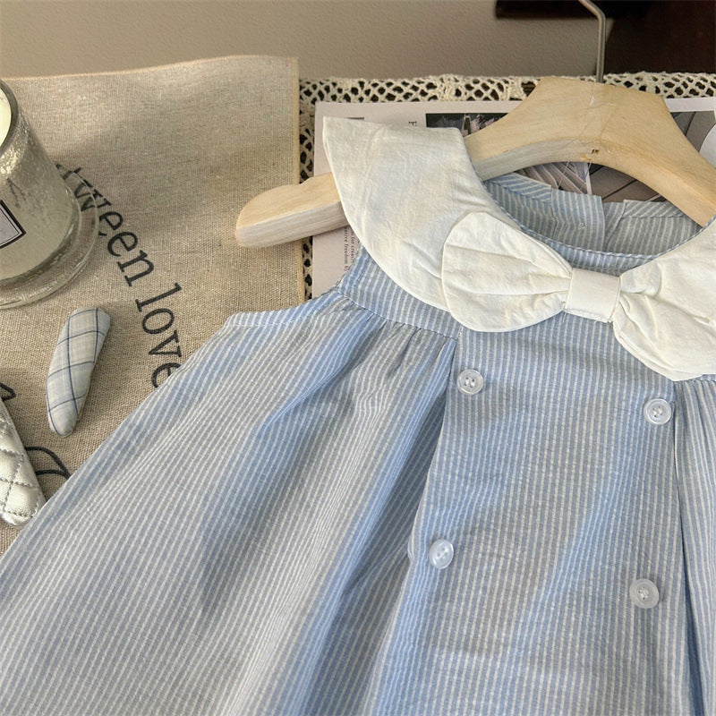 [963170] - Baju Gaun Dress Lengan Kutung Korean Fashion Style Anak Perempuan Cewek - Motif Bow With Striped Color  - BABYHOKI STORE - BABYHOKI STORE