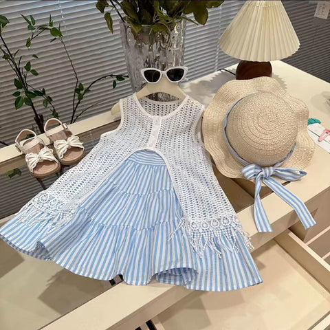 [963171] - One Set 2in1 Baju Setelan Dress Lengan Kutung Vest Rumbai Korean Version Style Anak Perempuan Cewek - Motif Striped Color - BABYHOKI STORE - BABYHOKI STORE