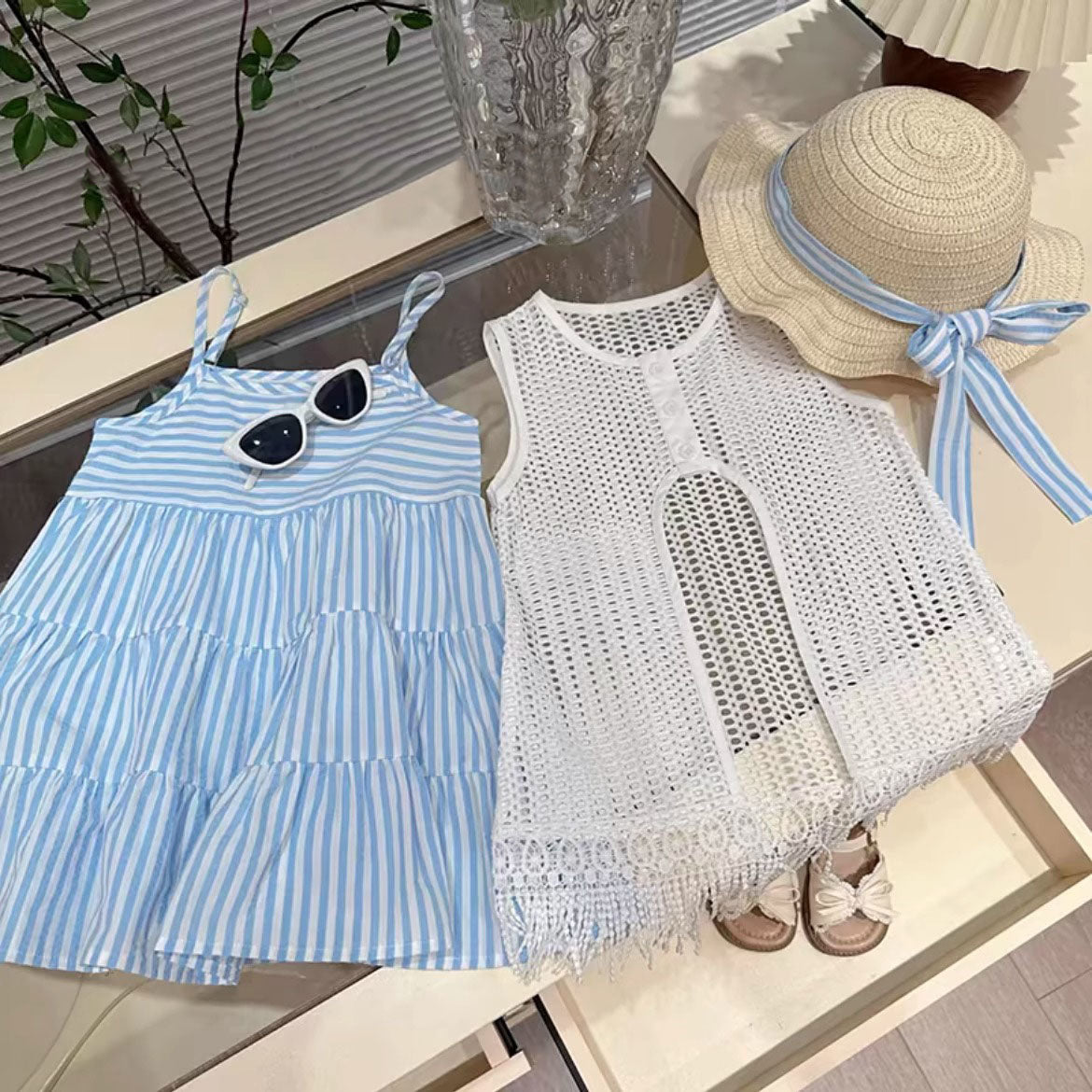 [963171] - One Set 2in1 Baju Setelan Dress Lengan Kutung Vest Rumbai Korean Version Style Anak Perempuan Cewek - Motif Striped Color - BABYHOKI STORE - BABYHOKI STORE