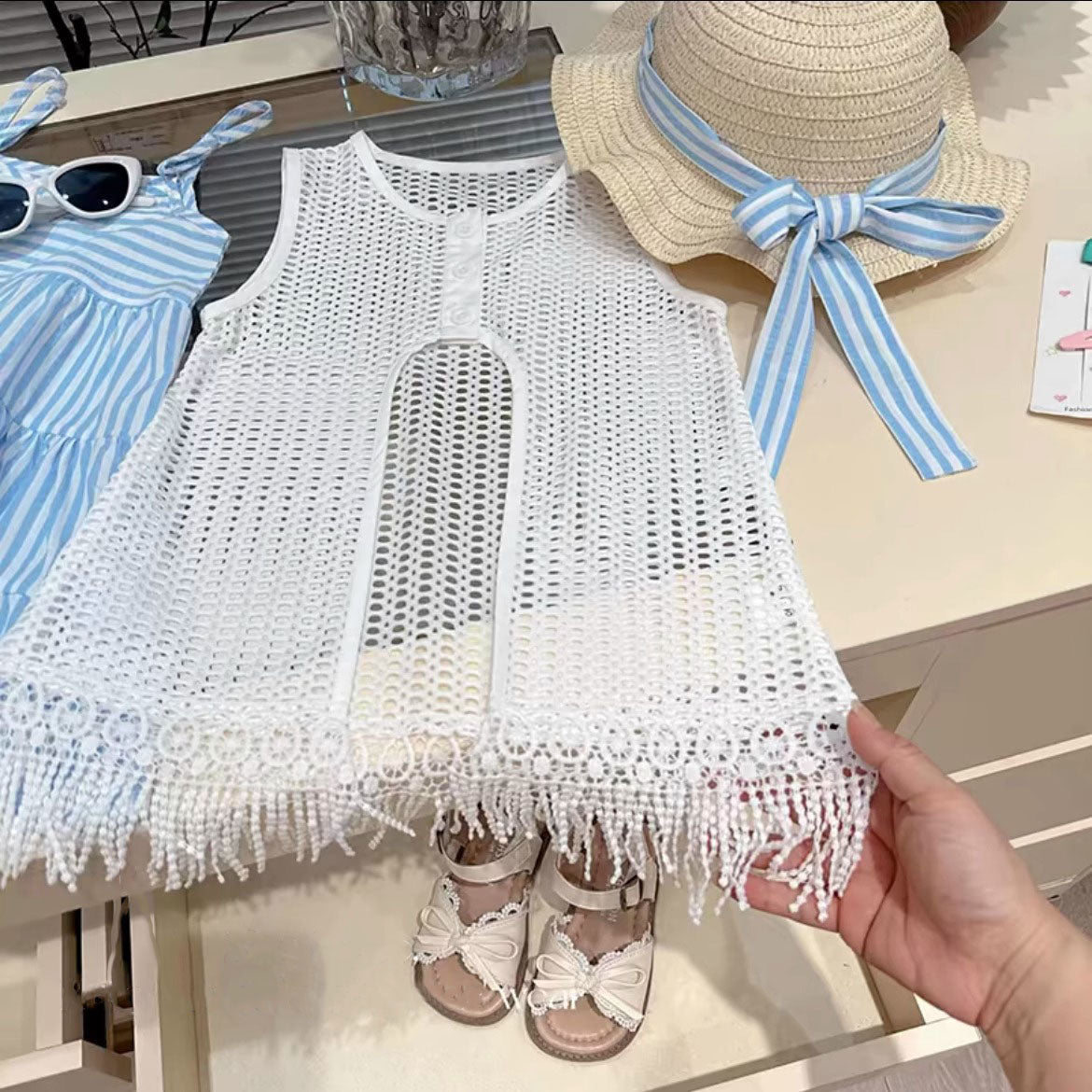 [963171] - One Set 2in1 Baju Setelan Dress Lengan Kutung Vest Rumbai Korean Version Style Anak Perempuan Cewek - Motif Striped Color - BABYHOKI STORE - BABYHOKI STORE