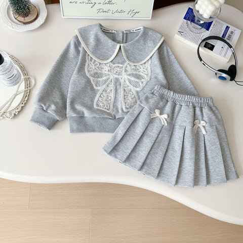 [963173] - One Set 2in1 Baju Setelan Sweater Berkerah Lengan Panjang Bawahan Celana Rok Pendek Plisket Korean Fashion Style Anak Perempuan Cewek - Motif Collar & Bow - BABYHOKI STORE - BABYHOKI STORE