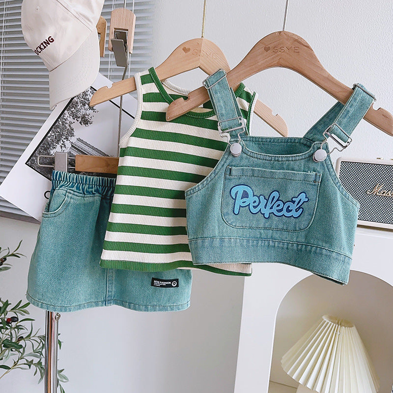 [963174] - One Set 3n1 Baju Setelan Atasan Lengan Kutung Vest Denim Bawahan Rok Pendek Korean Fashion Style Anak Perempuan Cewek - Motif Denim Alphabet - BABYHOKI STORE - BABYHOKI STORE