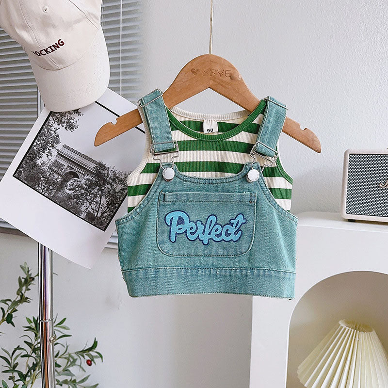 [963174] - One Set 3n1 Baju Setelan Atasan Lengan Kutung Vest Denim Bawahan Rok Pendek Korean Fashion Style Anak Perempuan Cewek - Motif Denim Alphabet - BABYHOKI STORE - BABYHOKI STORE