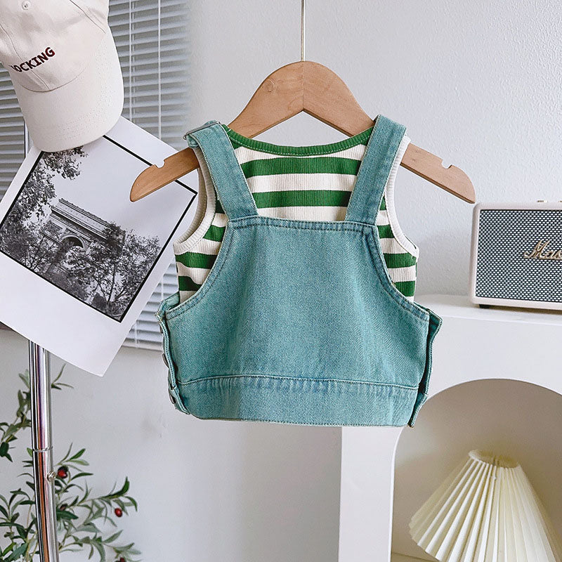 [963174] - One Set 3n1 Baju Setelan Atasan Lengan Kutung Vest Denim Bawahan Rok Pendek Korean Fashion Style Anak Perempuan Cewek - Motif Denim Alphabet - BABYHOKI STORE - BABYHOKI STORE