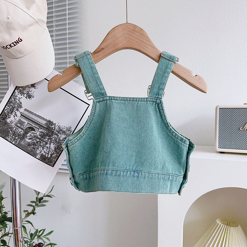 [963174] - One Set 3n1 Baju Setelan Atasan Lengan Kutung Vest Denim Bawahan Rok Pendek Korean Fashion Style Anak Perempuan Cewek - Motif Denim Alphabet - BABYHOKI STORE - BABYHOKI STORE