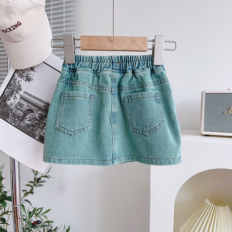 [963174] - One Set 3n1 Baju Setelan Atasan Lengan Kutung Vest Denim Bawahan Rok Pendek Korean Fashion Style Anak Perempuan Cewek - Motif Denim Alphabet - BABYHOKI STORE - BABYHOKI STORE