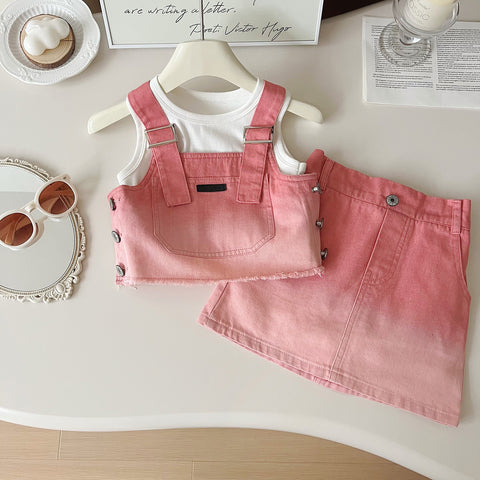 [963175] - One Set 3n1 Baju Setelan Atasan Kaos Lengan Kutung Vest Suspender Bawahan Celana Rok Pendek Korean Fashion Style Anak Perempuan Cewek - Motif Gradation Color - BABYHOKI STORE - BABYHOKI STORE