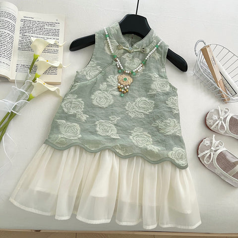 [963179] - Baju Gaun Dress Cheongsam Shanghai Imlek Lengan Kutung Anak Perempuan Cewek - Motif Green Flower - BABYHOKI STORE