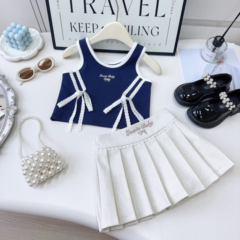 [963182] - One Set 2in1 Baju Setelan Atasan Lengan Kutung Bawahan Rok Pendek Sporty Korean Anak Perempuan Cewek - Motif Bow & Plisket - BABYHOKI STORE - BABYHOKI STORE