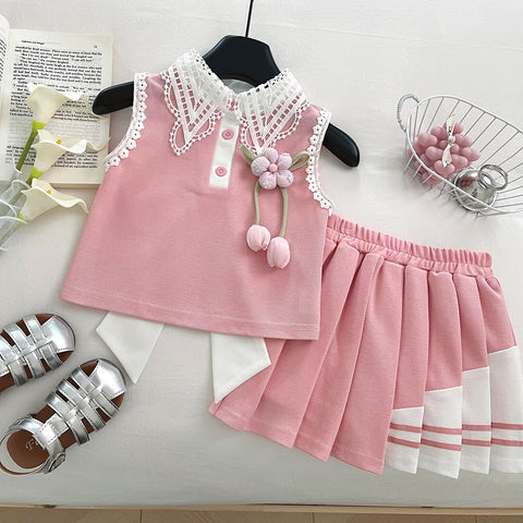 [963184] - One Set 2in1 Baju Setelan Atasan Bekerah Lengan Kutung Bawahan Celana Rok Pendek Plisket Korean Version Style Anak Perempuan Cewek - Motif Tulips - BABYHOKI STORE - BABYHOKI STORE