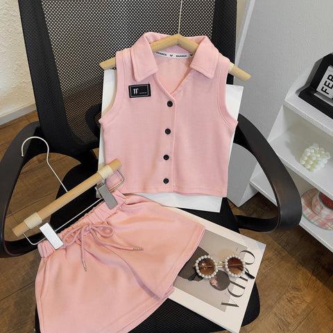 [963186] - One Set 2in1 Baju Setelan Atasan Berkerah Lengan Kutung Bawahan Celana Pendek Korea Fashion Style Anak Perempuan Cewek - Motif Basic Solid Color - BABYHOKI STORE - BABYHOKI STORE