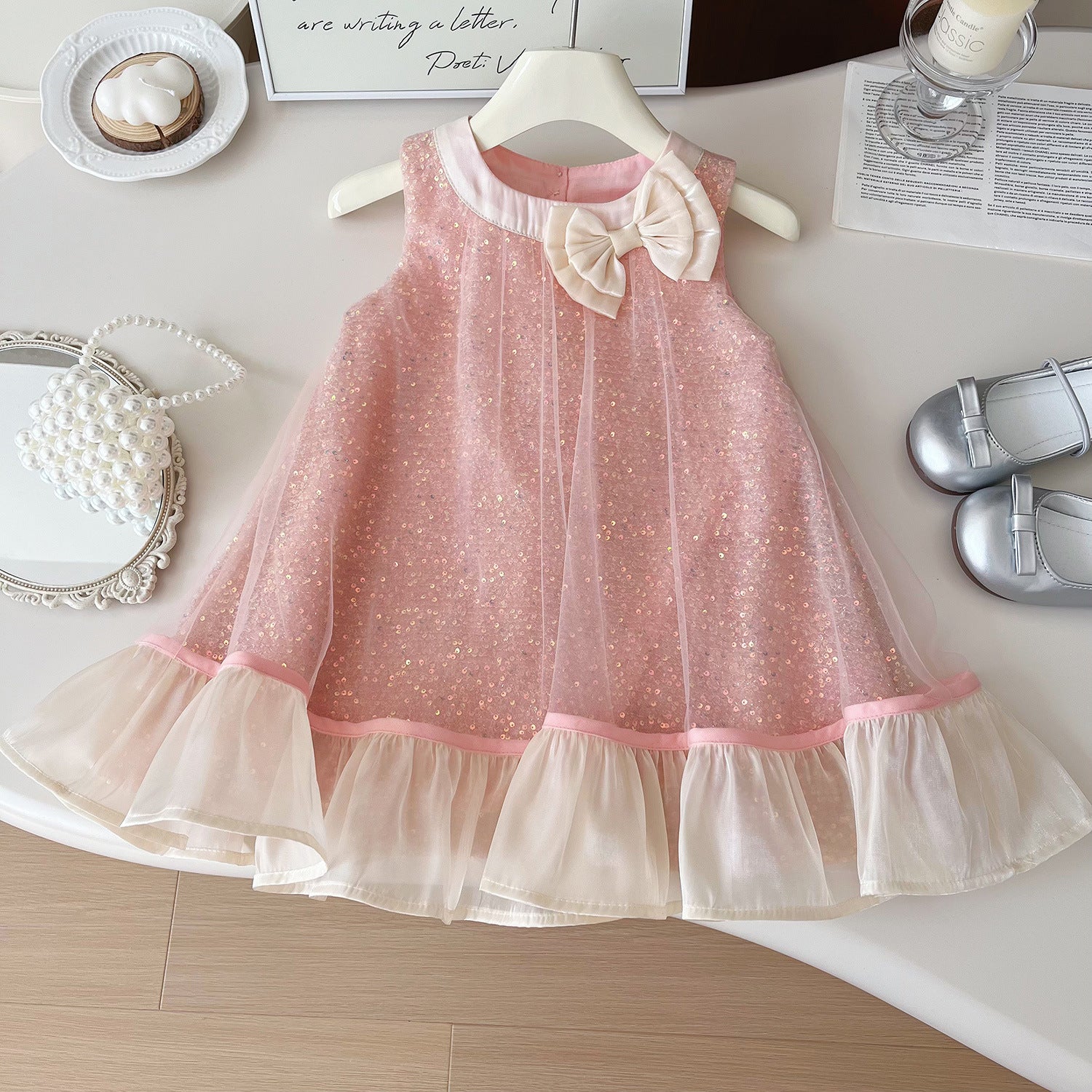 [963187] - Baju Gaun Dress Lengan Kutung Princess Fashion Style Anak Perempuan Cewek - Motif Sequin Bow - BABYHOKI STORE - BABYHOKI STORE
