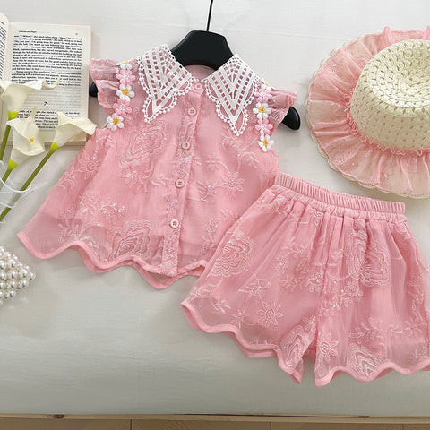 [963191] - One Set 2in1 Baju Setelan Atasan Berkerah Lengan Kutung Bawahan Celana Pendek Korea Fashion Anak Perempuan Cewek - Motif Flowers Small - BABYHOKI STORE - BABYHOKI STORE
