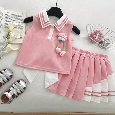 [963192] - One Set 2in1 Baju Setelan Atasan Berkerah Lengan Kutung Bawahan Celana Rok Pendek Anak Perempuan Cewek - Motif Bow & Flower - BABYHOKI STORE - BABYHOKI STORE
