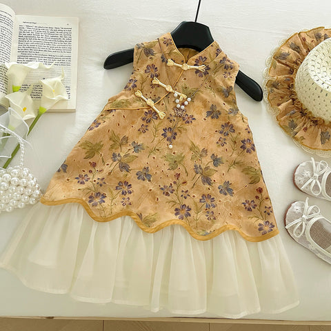 [963195] - Baju Gaun Dress Cheongsam Shanghai Imlek Lengan Kutung Chinese Fashion Anak Perempuan Cewek - Motif Yellow Flower - BABYHOKI STORE