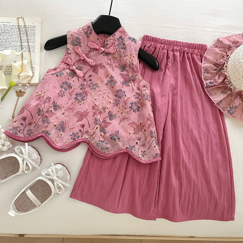 [963196] - One Set 2in1 Baju Setelan Cheongsam Shanghai Imlek Atasan Lengan Kutung Bawahan Celana Panjang Chinese Fashion Anak Perempuan Cewek - Motif Basic Color Pink - BABYHOKI STORE