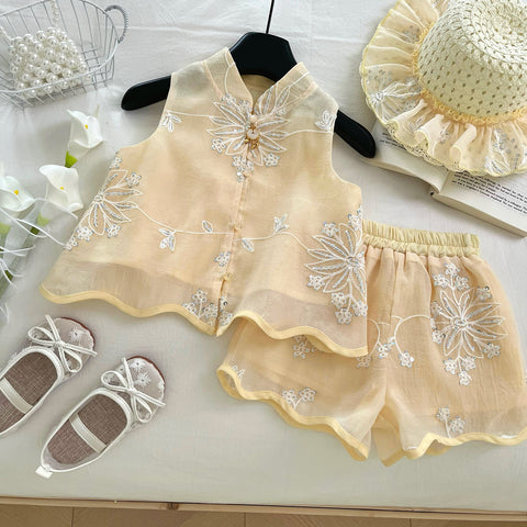 [963197] - One Set 2in1 Baju Setelan Cheongsam Shanghai Imlek Atasan Lengan Kutung Bawahan Celana Pendek Chinese Fashion Anak Perempuan Cewek - Motif Floral Plate - BABYHOKI STORE