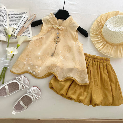 [963201] - One Set 2in1 Baju Setelan Cheongsam Shanghai Imlek Atasan Lengan Kutung Bawahan Celana Pendek Chinese Fashion Style Anak Perempuan Cewek - Motif Yellow Flower - BABYHOKI STORE